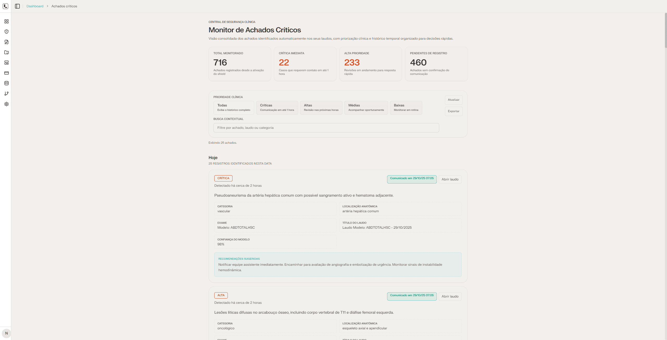 Lista de achados críticos que requerem atenção imediata
